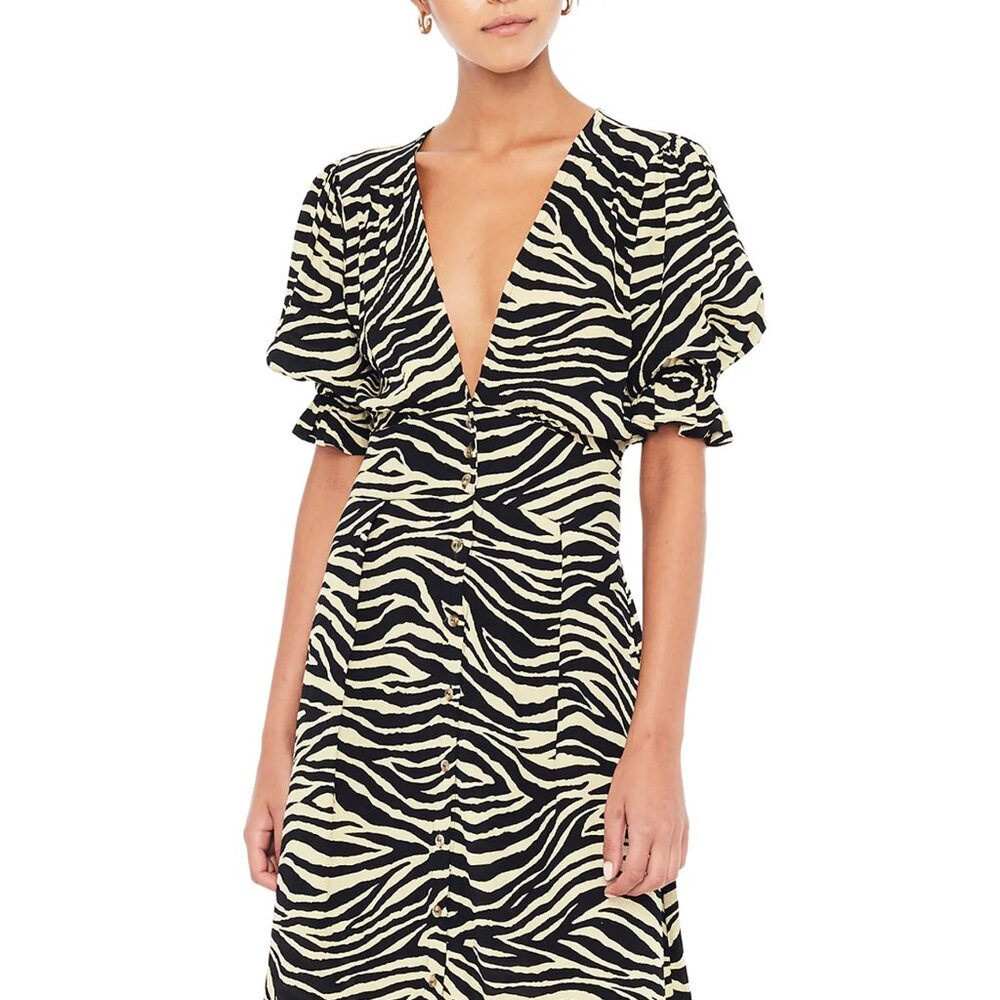 Faithfull The Brand Rafa Midi Dress Yellow Animal Print Size 2 US Party Holiday